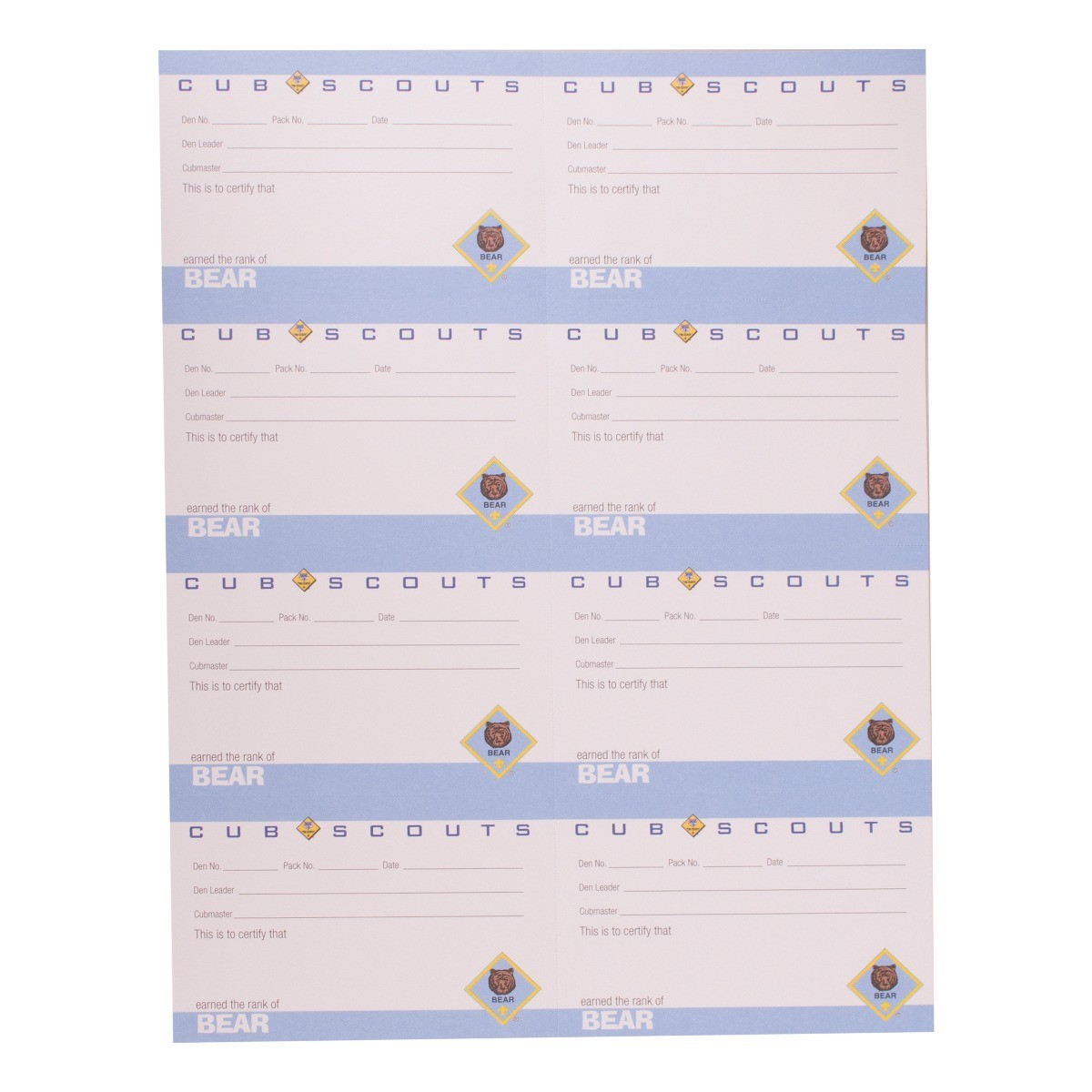 Cub Scout Bear Rank Pocket Certificate, 8 per sheet