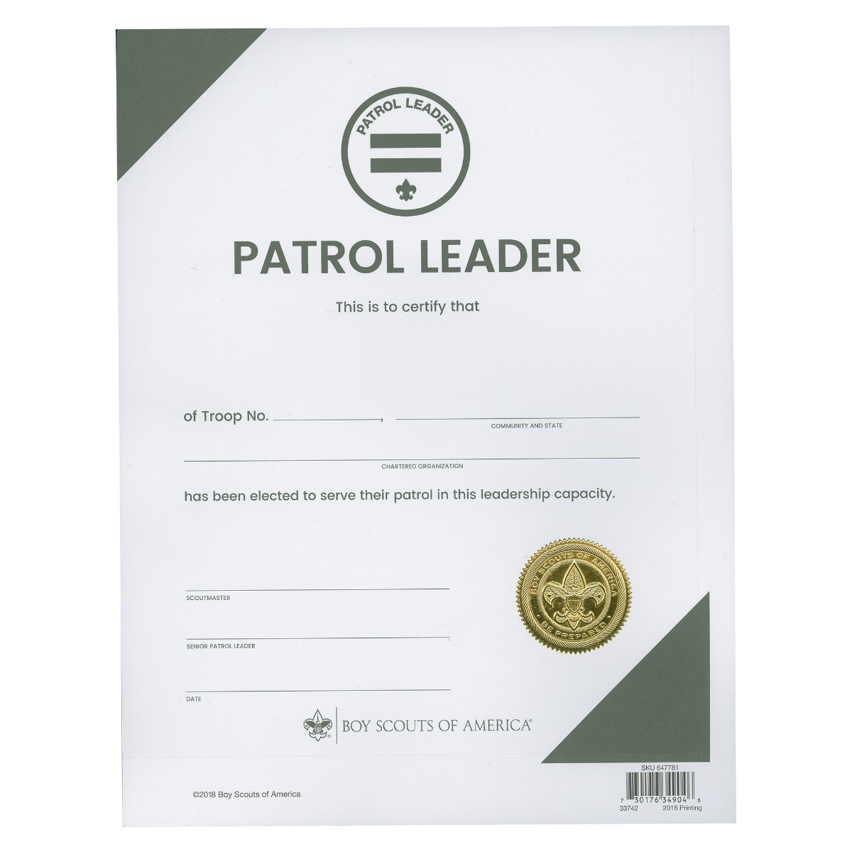 BS Patrol Leader Certificate