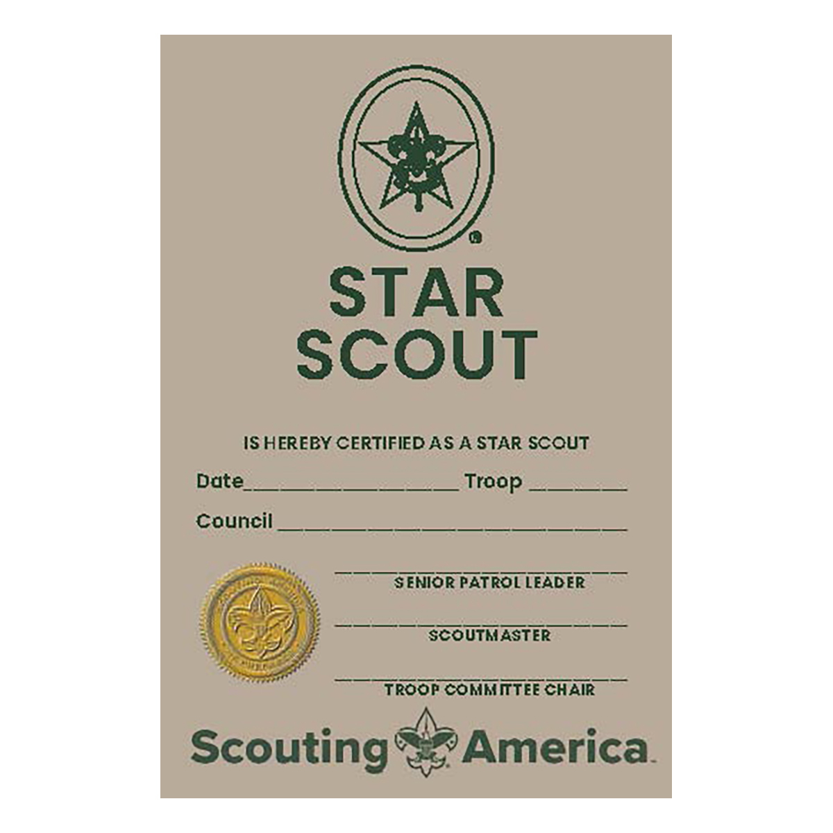 Star Scout Pocket Certificate 1 Star Scout Pocket Certificate