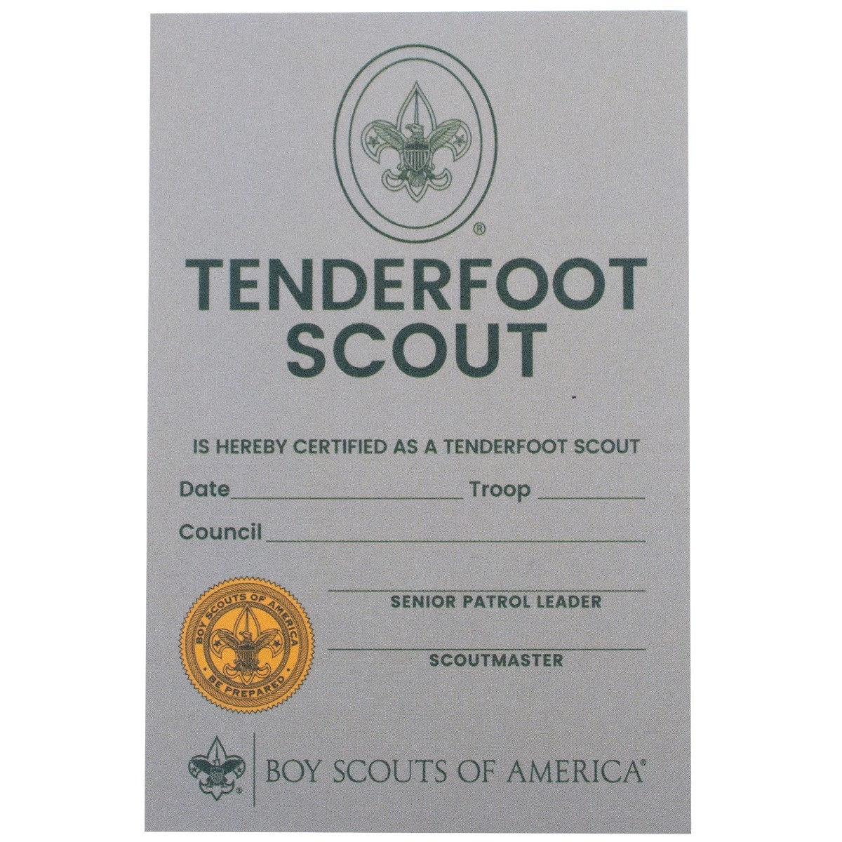 Scouts BSA Tenderfoot Pocket Certificate