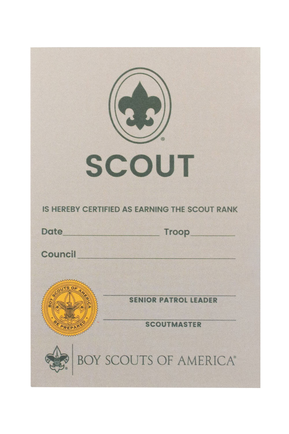 Scouts BSA Scout Rank Pocket Certificate