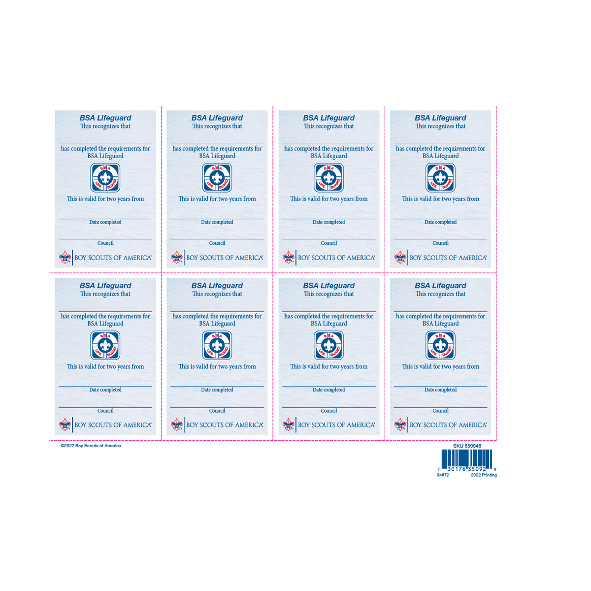 Scouts BSA Lifeguard Pocket Certificate, 8up Sheet