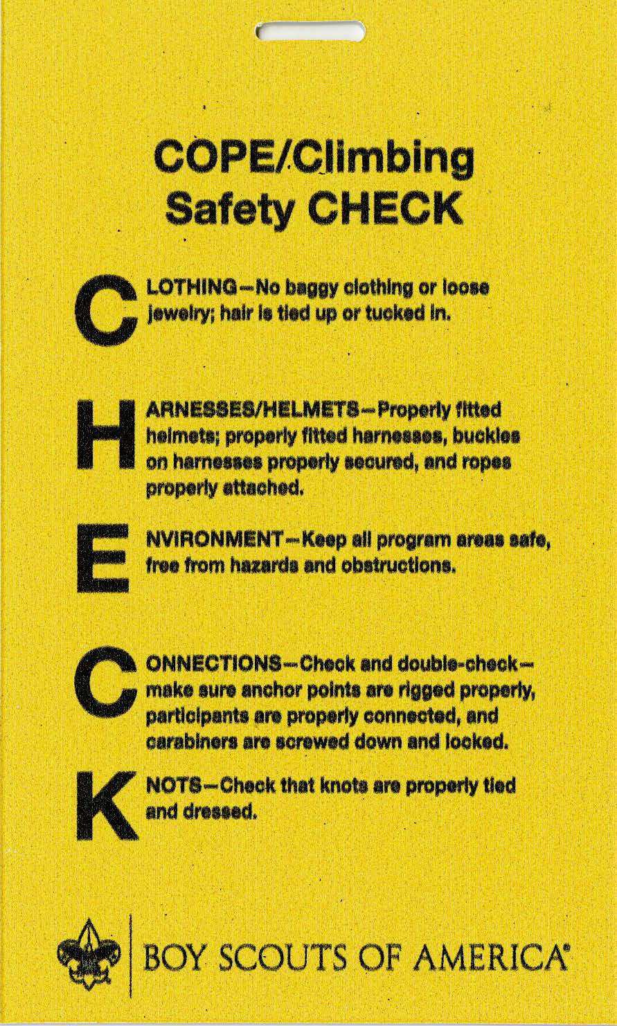 BSA COPE C.H.E.C.K. Hang Tag Boy Scouts of America
