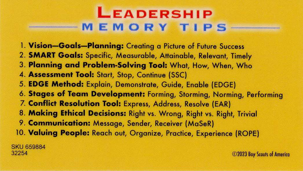 BSA National Youth Leadership Pocket Guide Card / Boy Scouts of America