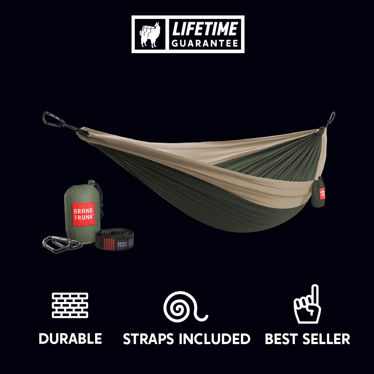 Grand Trunk Double Deluxe Hammock w/Straps, Olive Green/Khaki