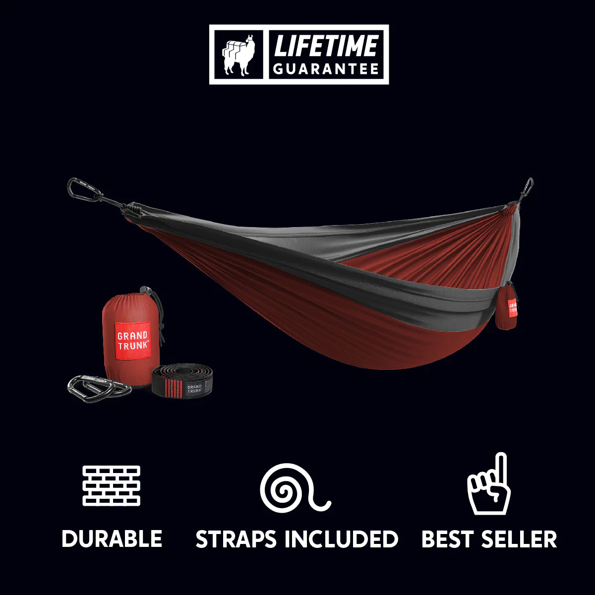Grand Trunk Double Deluxe Hammock w/Straps, Crimson/Charcoal