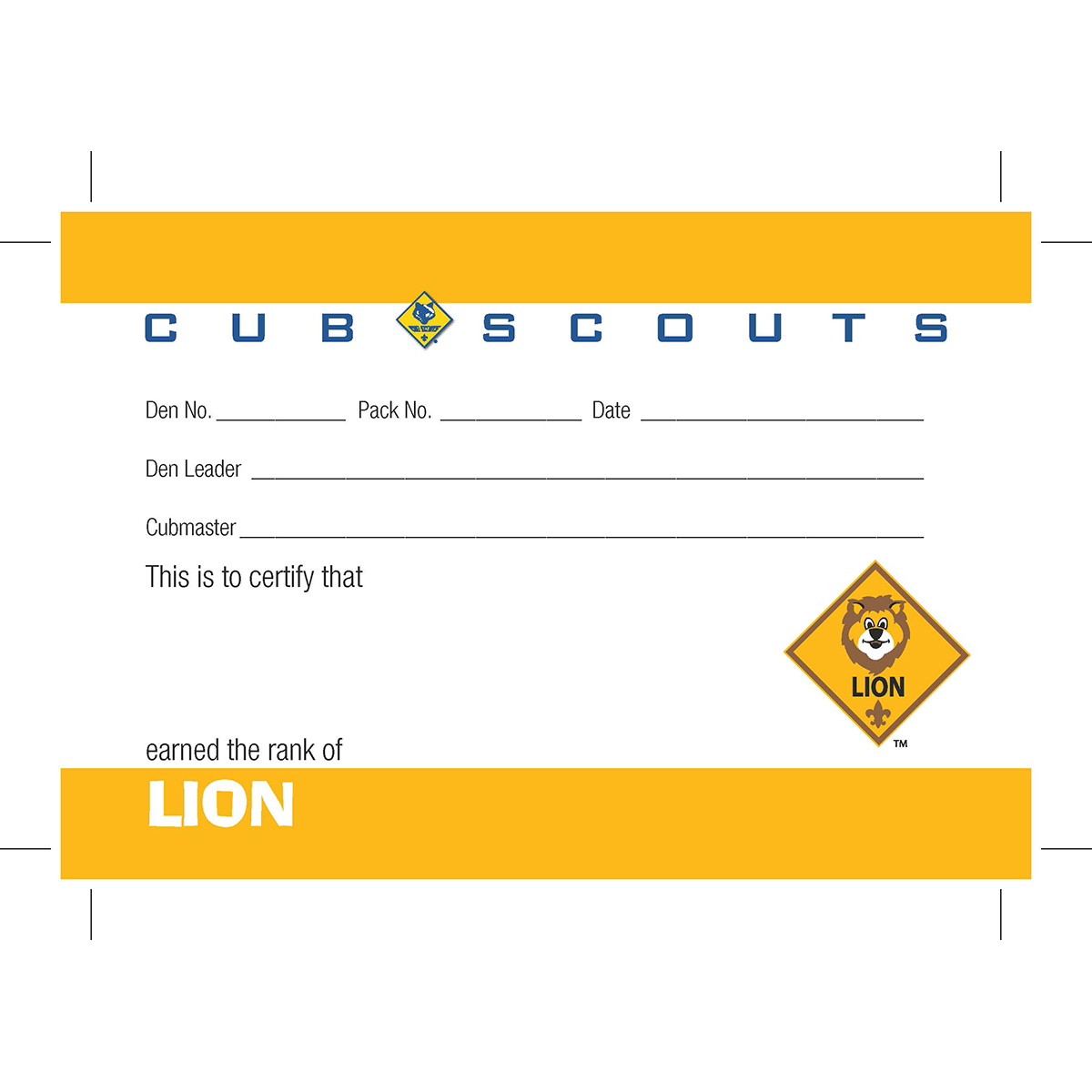 Cub Scout Lion Rank Pocket Certificate 1 Cub Scout Lion Rank Pocket Certificate