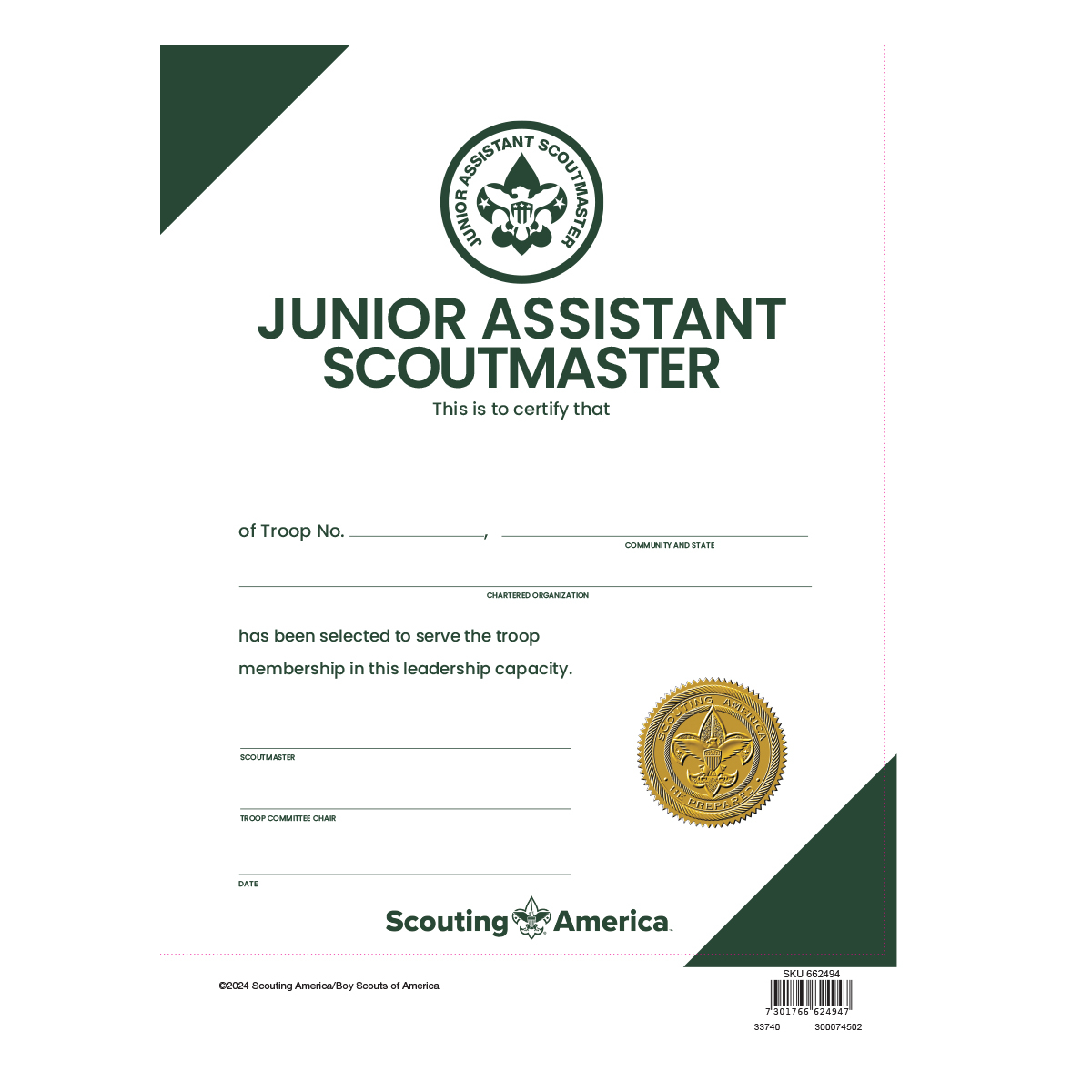 Scouts BSA Junior Assistant Scoutmaster Wall Certificate