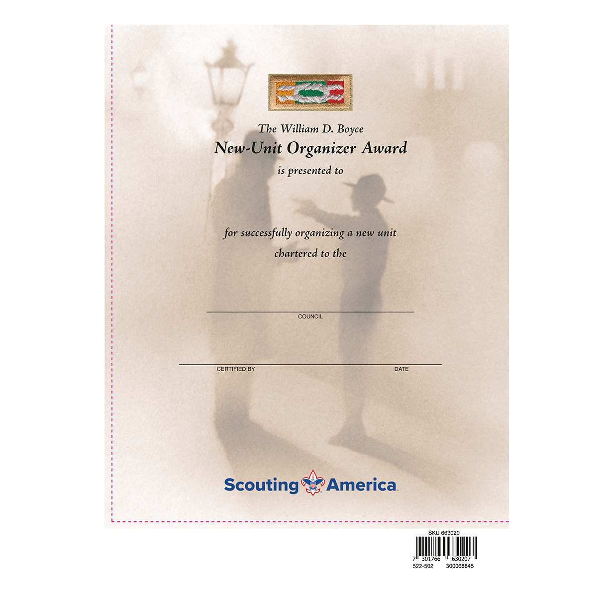 William D. Boyce New-Unit Organizer Award Wall Certificate