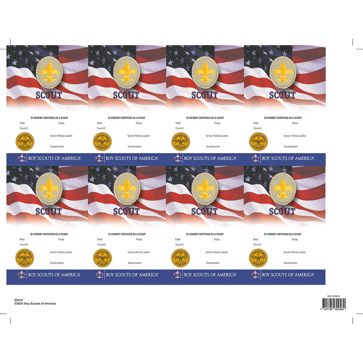 SBSA Rank Pocket Cert 8-Count Sheet | Scouting America 1 SBSA Rank Pocket Cert 8-Count Sheet | Scouting America