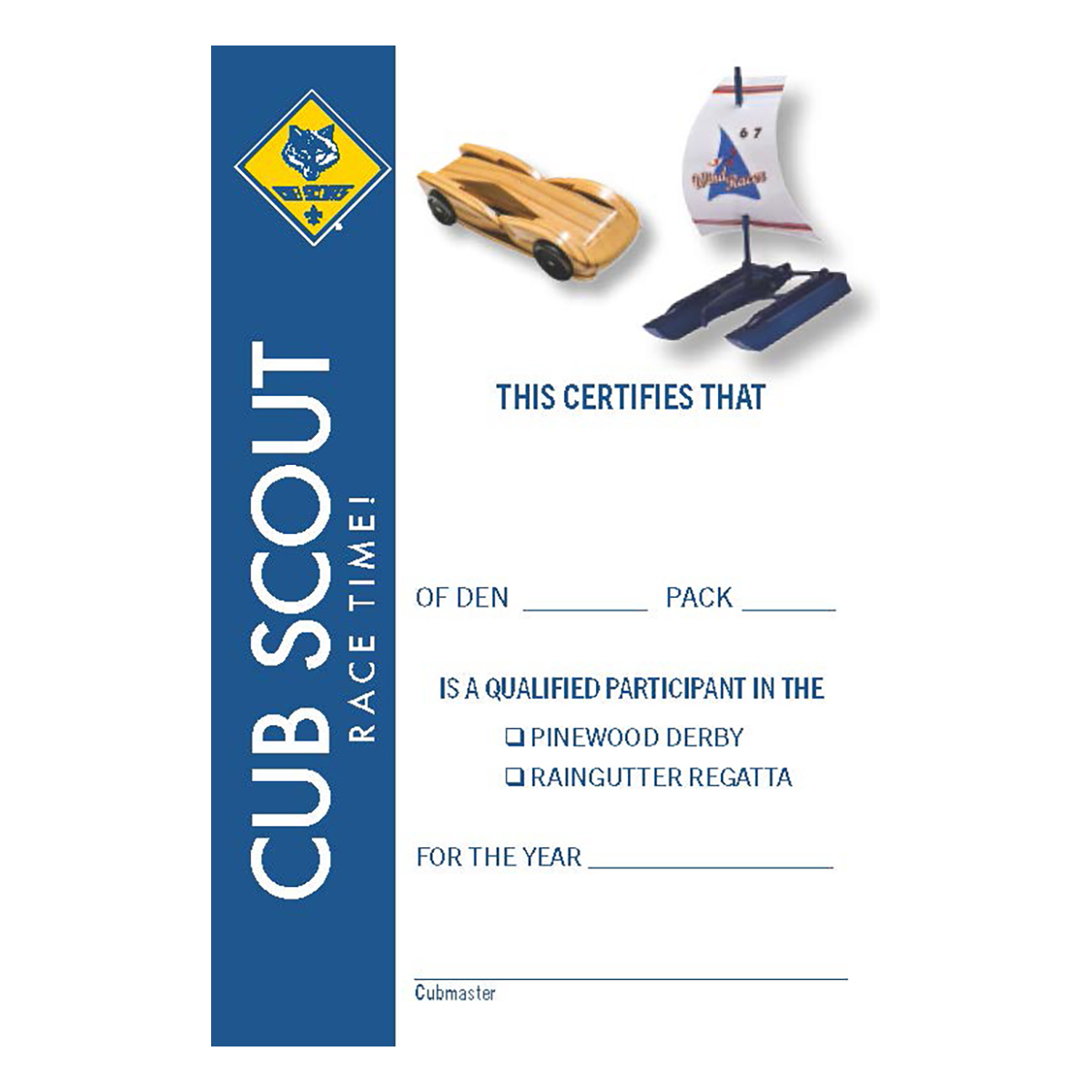 Cub Scout Race Time Pocket Certificate