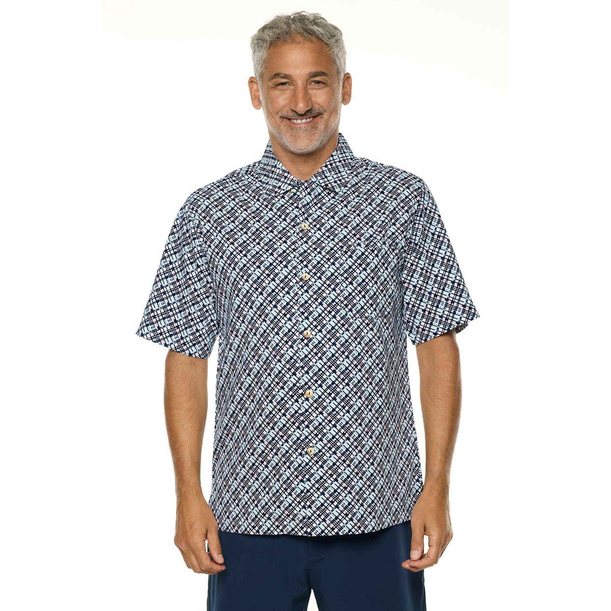 Coolibar Safari Camp Shirt UPF 50+, Men's S-2XL - Carmine Red, Navy Gulf Stream Stripe