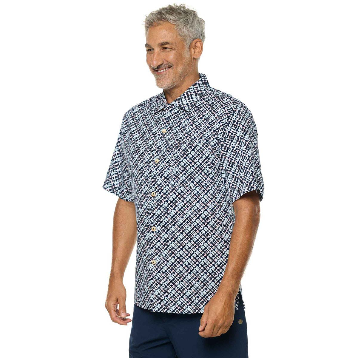 Coolibar Safari Camp Shirt UPF 50+, Men's S-2XL - Carmine Red, Navy Gulf Stream Stripe