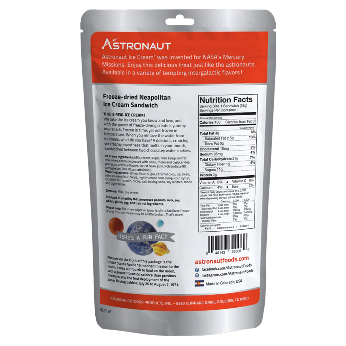 Astronaut Foods Backpackers Pantry Freeze Dried Ice Cream Sandwich