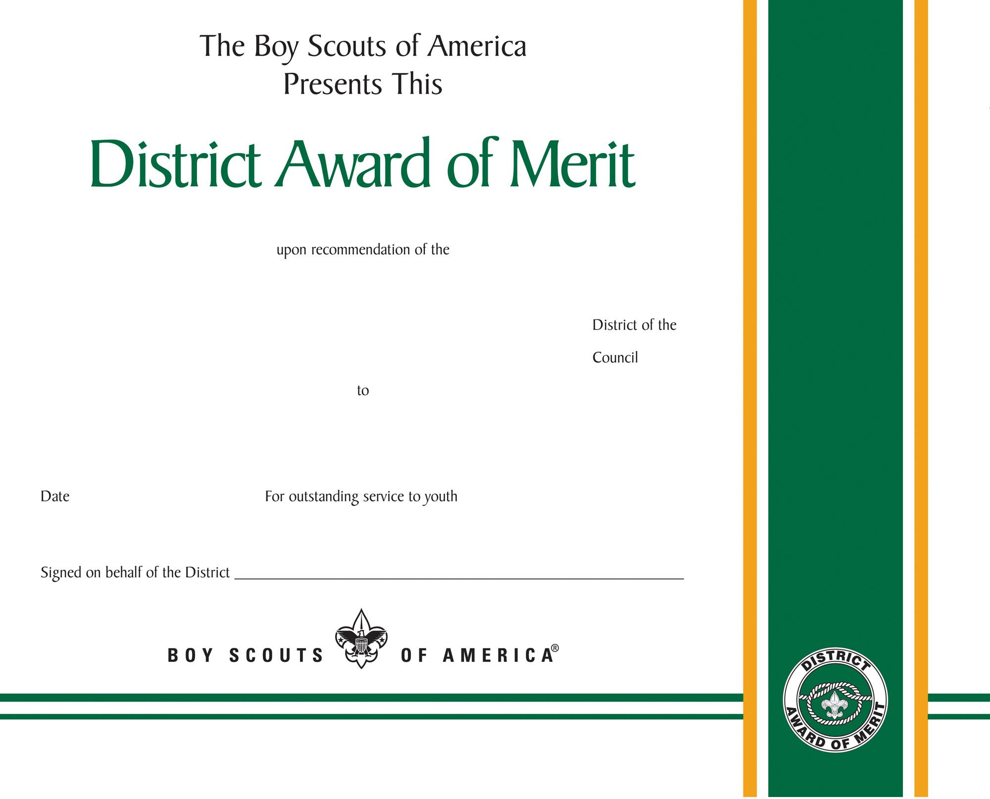 BSA District Award of Merit Certificate