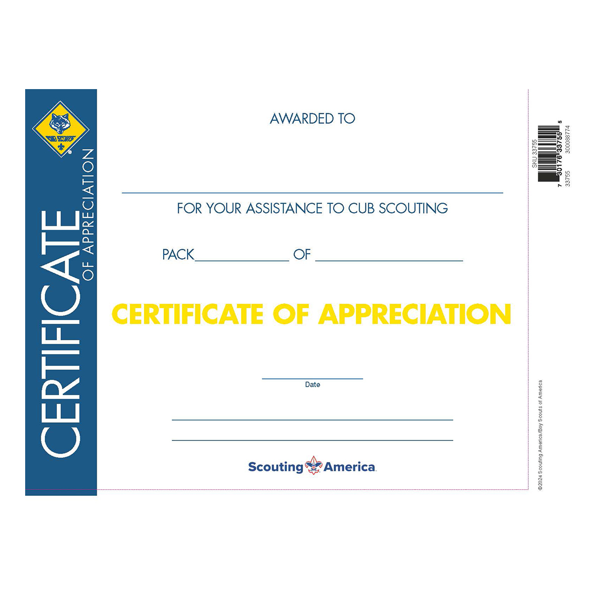 Cub Scout Certificate of Appreciation