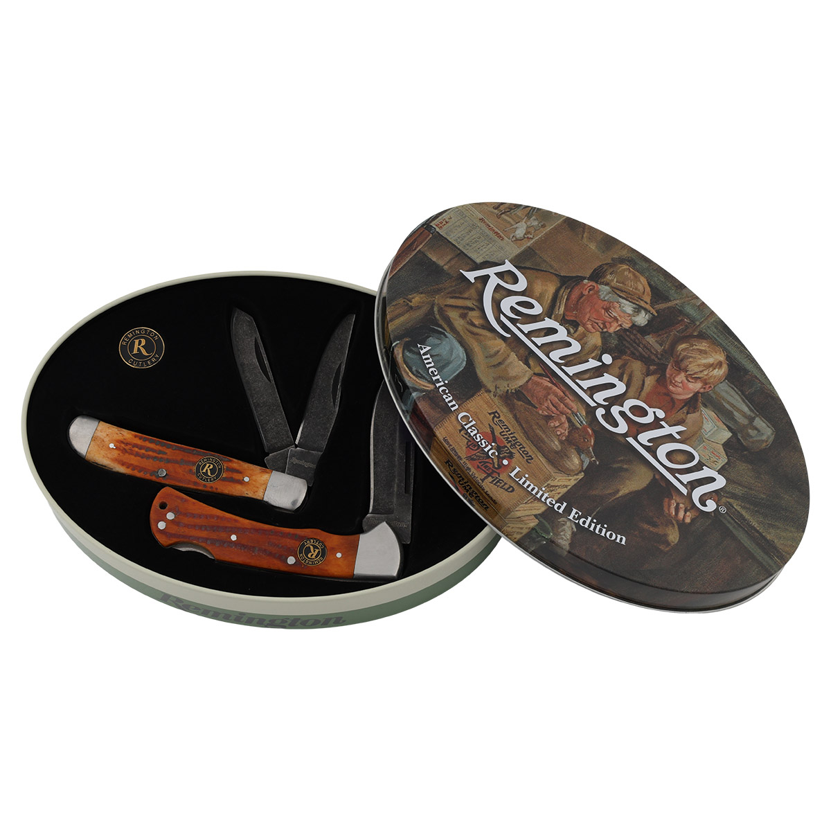 Remington Folding Pocket Knife 2-Piece Collectibe Tin Set 1 Remington Folding Pocket Knife 2-Piece Collectibe Tin Set