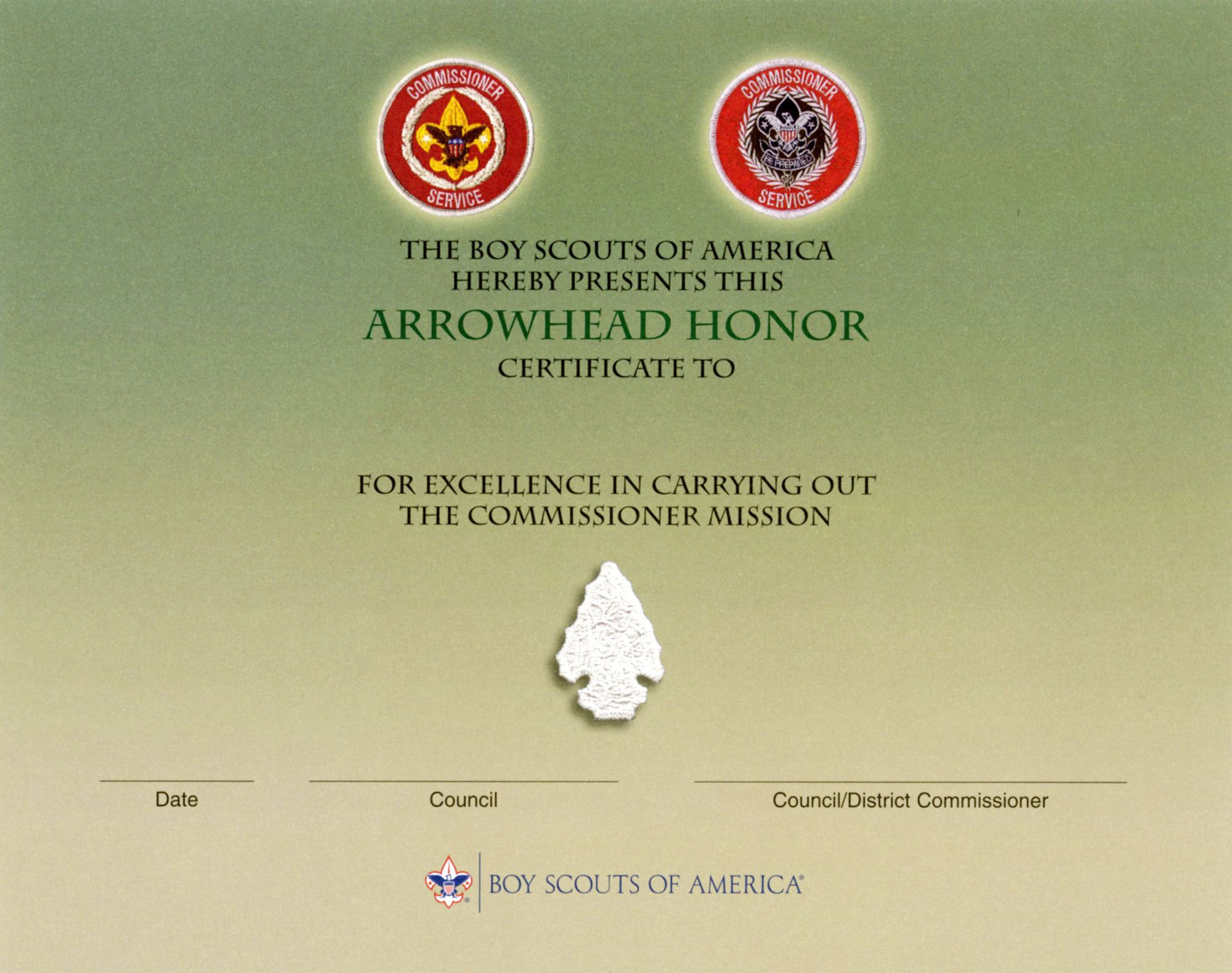 BSA Arrowhead Honor Commissioner Certificate 1 BSA Arrowhead Honor Commissioner Certificate