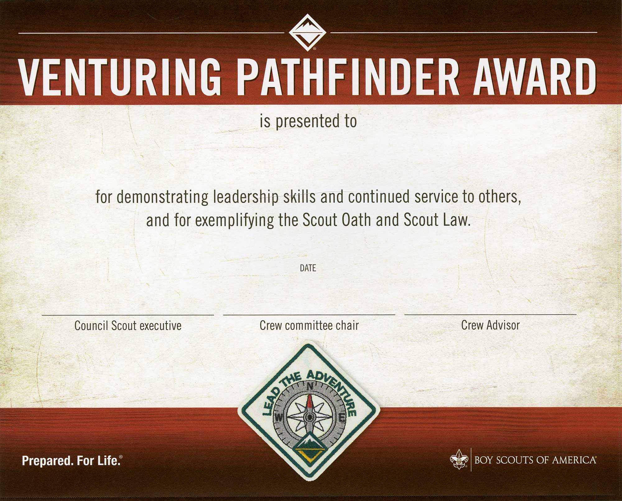 Venturing Pathfinder Award Certificate
