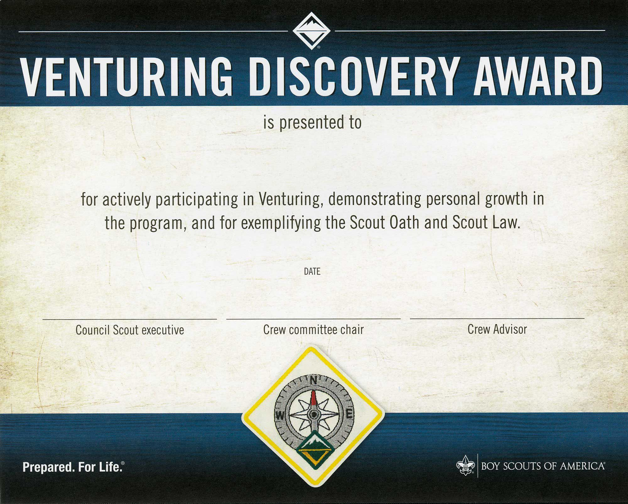 Venturing Discover Award Certificate