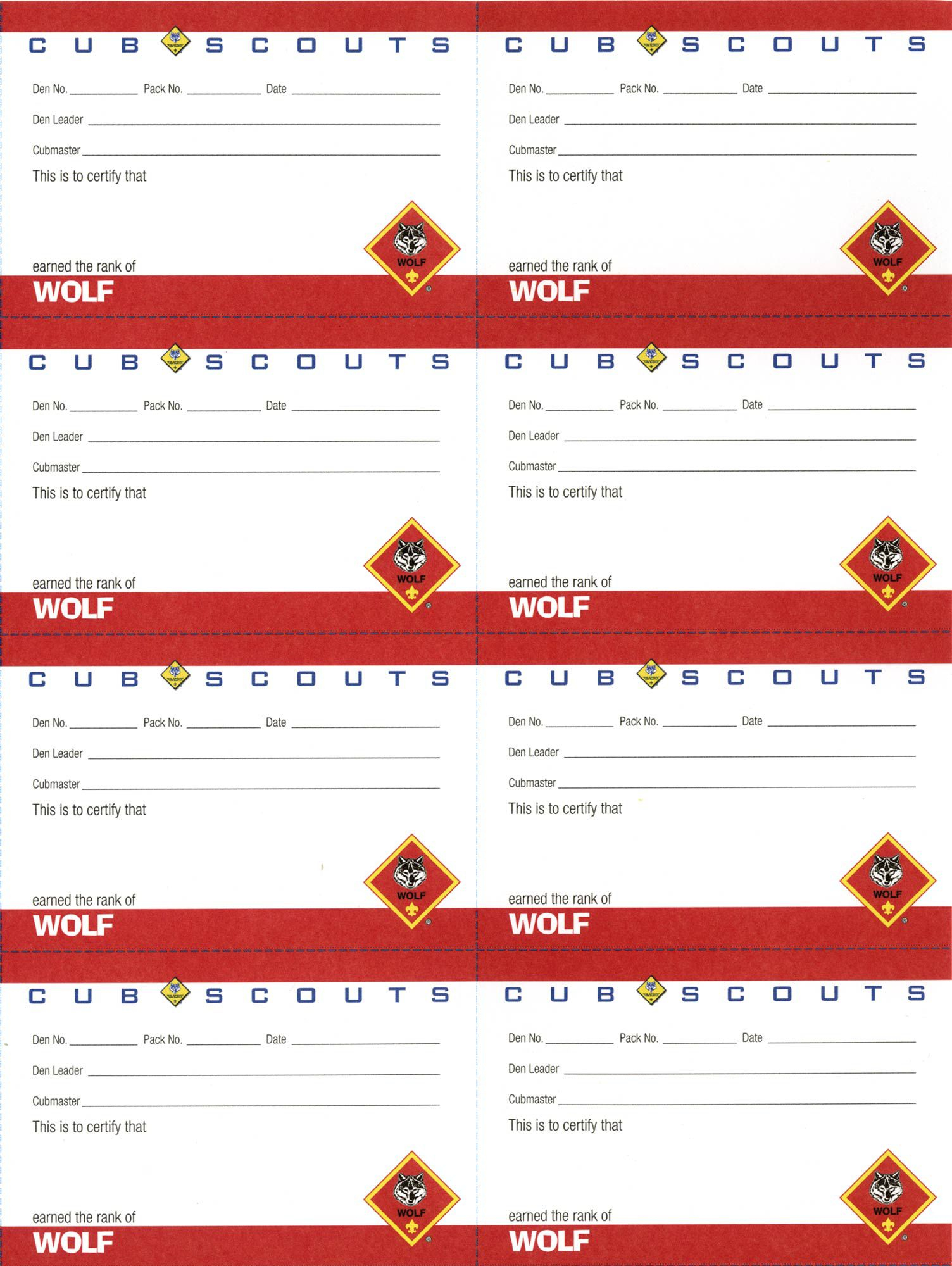 Cub Scout Wolf Rank Pocket Certificate, 8 per sheet 1 Cub Scout Wolf Rank Pocket Certificate, 8 per sheet